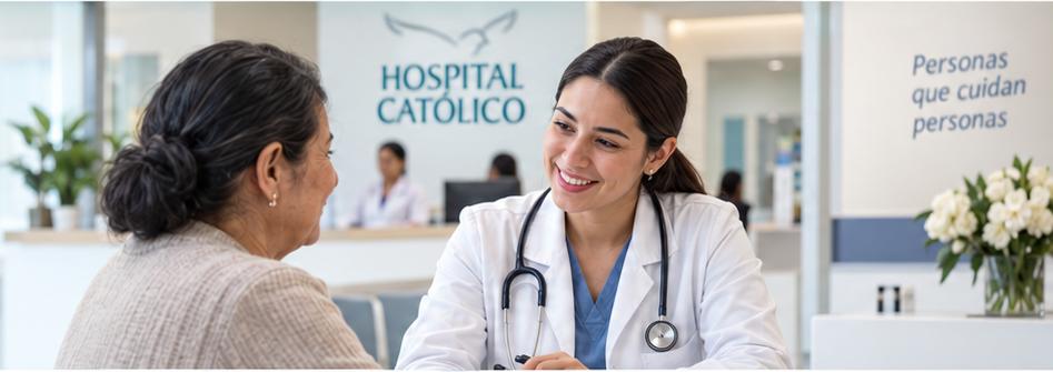 Doctora acompañando a una paciente en el Hospital Católico
